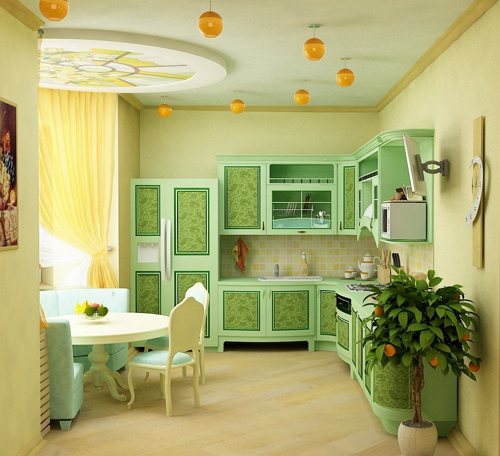 Сочетание цветов в зеленой кухне с желтыми шторами
